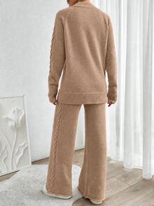 EURMUSE Women's Autumn Cable Pattern Raglan Sleeve Sweater And Knit Pants Casual 2 Pieces Set - Camel - View 3