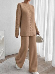EURMUSE Women's Autumn Cable Pattern Raglan Sleeve Sweater And Knit Pants Casual 2 Pieces Set - Camel - View 4