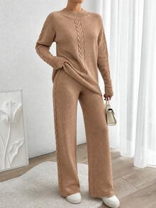EURMUSE Women's Autumn Cable Pattern Raglan Sleeve Sweater And Knit Pants Casual 2 Pieces Set - Camel - View 7