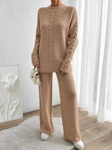 EURMUSE Women's Autumn Cable Pattern Raglan Sleeve Sweater And Knit Pants Casual 2 Pieces Set - Camel - View 6