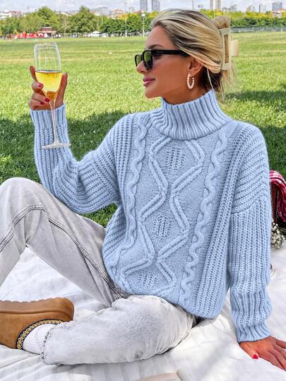 EURMUSE Camisola de malha com trança e gola alta para mulher, azul claro, toque macio, camisola de Natal, casual para o dia a dia e piquenique no outono