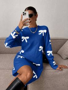 EURMUSE Women's Casual Y2k Cute Bow Decor Round Neck Long Sleeve Sweater Dress Autumn Date Everyday Blue And White - Royal Blue - View 2