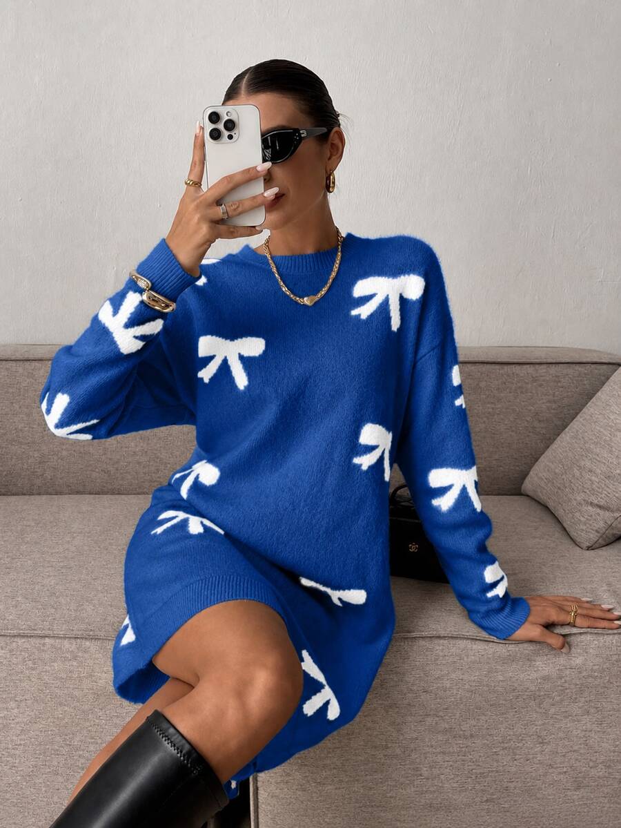 EURMUSE Women's Casual Y2k Cute Bow Decor Round Neck Long Sleeve Sweater Dress Autumn Date Everyday Blue And White