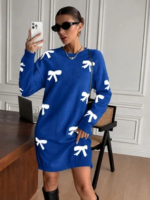 EURMUSE Women's Casual Y2k Cute Bow Decor Round Neck Long Sleeve Sweater Dress Autumn Date Everyday Blue And White - Royal Blue - View 4