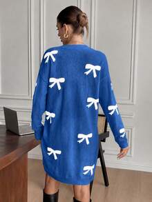 EURMUSE Women's Casual Y2k Cute Bow Decor Round Neck Long Sleeve Sweater Dress Autumn Date Everyday Blue And White - Royal Blue - View 3