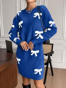 EURMUSE Women's Casual Y2k Cute Bow Decor Round Neck Long Sleeve Sweater Dress Autumn Date Everyday Blue And White - Royal Blue - View 5