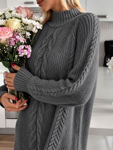 EURMUSE Cable Pattern Mock Neck Raglan Sleeves Mini Sweater Dress - Grey - View 6