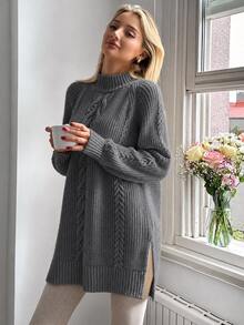 EURMUSE Cable Pattern Mock Neck Raglan Sleeves Mini Sweater Dress - Grey - View 5