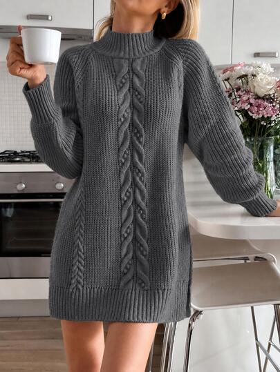 EURMUSE Cable Pattern Mock Neck Raglan Sleeves Mini Sweater Dress