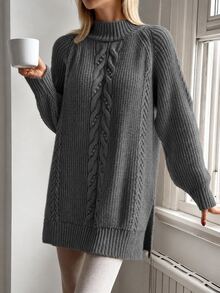 EURMUSE Cable Pattern Mock Neck Raglan Sleeves Mini Sweater Dress - Grey - View 7