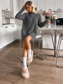 EURMUSE Cable Pattern Mock Neck Raglan Sleeves Mini Sweater Dress - Grey - View 3