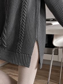 EURMUSE Cable Pattern Mock Neck Raglan Sleeves Mini Sweater Dress - Grey - View 4