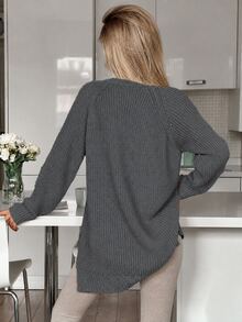 EURMUSE Cable Pattern Mock Neck Raglan Sleeves Mini Sweater Dress - Grey - View 2