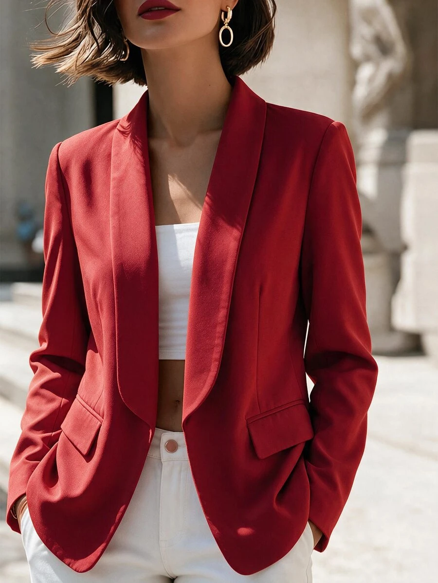 RosyDaze Women's Solid Color Shawl Collar Long Sleeve Casual Office Blazer - Red - View 1