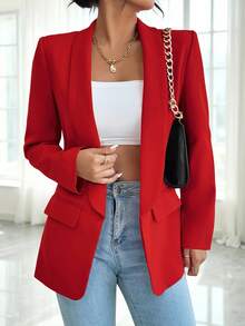 RosyDaze Women's Solid Color Shawl Collar Long Sleeve Casual Office Blazer - Red - View 4