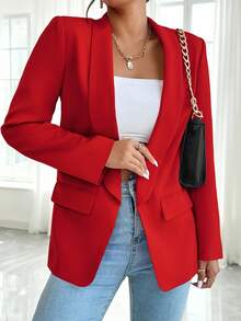 RosyDaze Women's Solid Color Shawl Collar Long Sleeve Casual Office Blazer - Red - View 7
