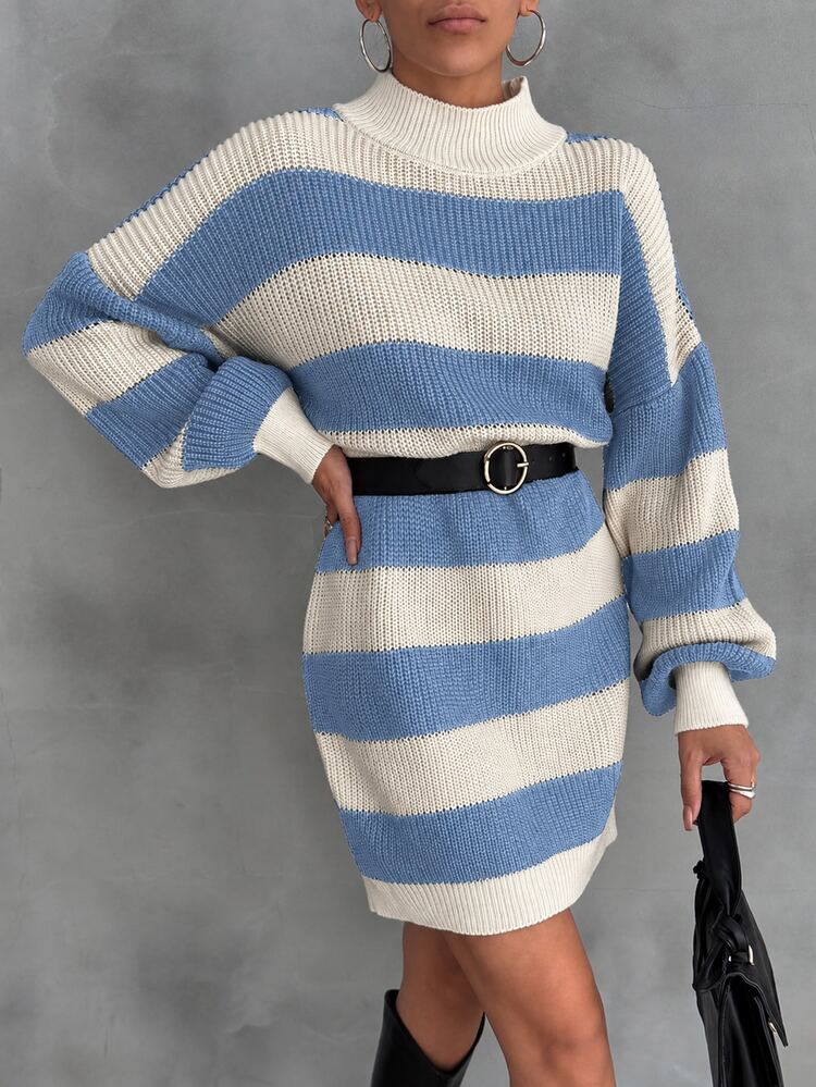 EURMUSE Women Drop Shoulder Sweater Dress With Blue And White Stripe Pattern,Petite Brunch Autumn Casual - Baby Blue - View 7