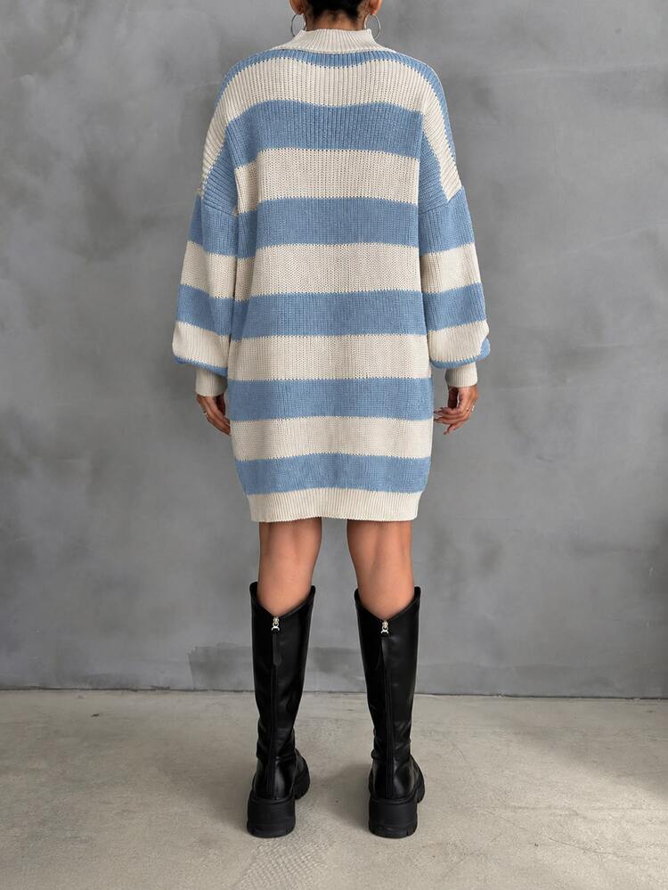 EURMUSE Women Drop Shoulder Sweater Dress With Blue And White Stripe Pattern,Petite Brunch Autumn Casual - Baby Blue - View 2