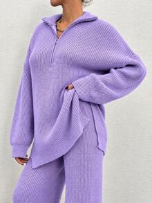 EURMUSE 2pcs Women Solid Color Knit Sweater And Pants Set, Casual For Autumn/Winter Everyday House Deep Purple - Lilac Purple - View 4
