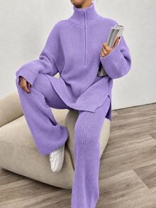 EURMUSE 2pcs Women Solid Color Knit Sweater And Pants Set, Casual For Autumn/Winter Everyday House Deep Purple - Lilac Purple - View 5