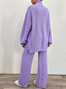 EURMUSE 2pcs Women Solid Color Knit Sweater And Pants Set, Casual For Autumn/Winter Everyday House Deep Purple - Lilac Purple - View 3
