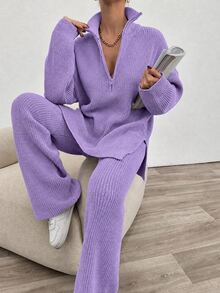 EURMUSE 2pcs Women Solid Color Knit Sweater And Pants Set, Casual For Autumn/Winter Everyday House Deep Purple - Lilac Purple - View 7