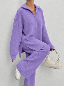 EURMUSE 2pcs Women Solid Color Knit Sweater And Pants Set, Casual For Autumn/Winter Everyday House Deep Purple - Lilac Purple - View 6