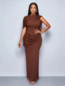 SOLERSUN Women's Coffee Brown Backless Draped Cape Maxi Dress With Side Slit Ruched Waist Sleeveless Bodycon Cocktail Party Dinner Bar Evening Gown - Brown - View 5