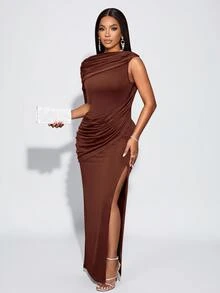 SOLERSUN Women's Coffee Brown Backless Draped Cape Maxi Dress With Side Slit Ruched Waist Sleeveless Bodycon Cocktail Party Dinner Bar Evening Gown - Brown - View 2