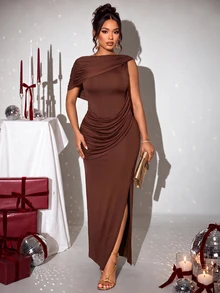 SOLERSUN Women's Coffee Brown Backless Draped Cape Maxi Dress With Side Slit Ruched Waist Sleeveless Bodycon Cocktail Party Dinner Bar Evening Gown - Brown - View 4