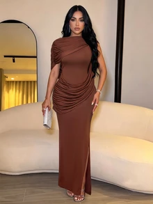 SOLERSUN Women's Coffee Brown Backless Draped Cape Maxi Dress With Side Slit Ruched Waist Sleeveless Bodycon Cocktail Party Dinner Bar Evening Gown - Brown - View 8