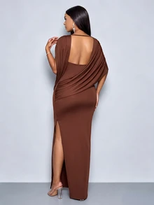 SOLERSUN Women's Coffee Brown Backless Draped Cape Maxi Dress With Side Slit Ruched Waist Sleeveless Bodycon Cocktail Party Dinner Bar Evening Gown - Brown - View 3