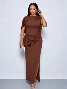 SOLERSUN Women's Coffee Brown Backless Draped Cape Maxi Dress With Side Slit Ruched Waist Sleeveless Bodycon Cocktail Party Dinner Bar Evening Gown - Brown - View 7