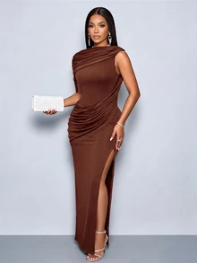 SOLERSUN Women's Coffee Brown Backless Draped Cape Maxi Dress With Side Slit Ruched Waist Sleeveless Bodycon Cocktail Party Dinner Bar Evening Gown - Brown - View 6