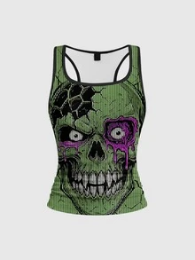 ROMWE Goth 萬聖節恐怖深黑色辣妹圖案印花龐克女款背心 - 黑色 - 查看 1