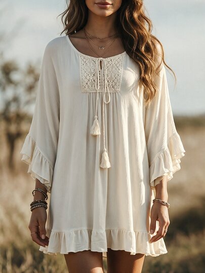 Breezaya Women's Summer Swimwear Cover-Up Top, New Elegant Minimalist Casual Vacation Style, Round Neck With Contrast Lace, Drawstring, Tassel And Ruffle Trim, Batwing Sleeves, Loose Fit, Linen, For Beach Vacation, Work, Country, Easter, Thanksgiving, Mother's Day, Pool Party, Music Festival, Halloween, Christmas, Cruise, Club, Wedding, Weekend Picnic