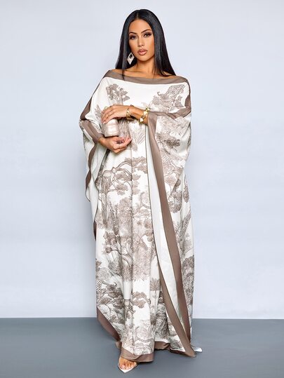 SOLERSUN Women's Vintage Elegant Cape Toile Print Maxi Dress, Off Shoulder Asymmetrical Neck Dress