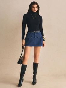 Poéselle Women's Blue Fleece-Lined Fitted Denim Skort – Warm Winter Style Fall Winter Skirt Denim Skirt - Dark Wash - View 7