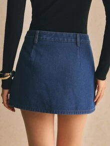 Poéselle Women's Blue Fleece-Lined Fitted Denim Skort – Warm Winter Style Fall Winter Skirt Denim Skirt - Dark Wash - View 3