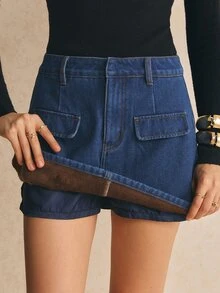 Poéselle Women's Blue Fleece-Lined Fitted Denim Skort – Warm Winter Style Fall Winter Skirt Denim Skirt - Dark Wash - View 5