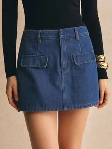Poéselle Women's Blue Fleece-Lined Fitted Denim Skort – Warm Winter Style Fall Winter Skirt Denim Skirt - Dark Wash - View 4