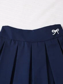 Sparklyn 女童休閒運動學院風黑色針織百褶裙褲 2 合 1 套裝，百搭多功能運動健身芭蕾舞蹈套裝，學院風緊身褲裙，黑色針織裙，四季百搭款，可搭配 T-shirt、背心、短袖上衣等 - 藏蓝色 - 查看 5