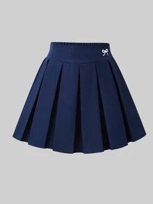 Sparklyn 女童休閒運動學院風黑色針織百褶裙褲 2 合 1 套裝，百搭多功能運動健身芭蕾舞蹈套裝，學院風緊身褲裙，黑色針織裙，四季百搭款，可搭配 T-shirt、背心、短袖上衣等 - 藏蓝色 - 查看 4