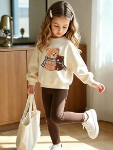 (1 Set) Young Girls Fall Clothes Cute Bear Heart & Plaid Scarf Print Crew Neck Sweatshirt With Leggings, Fall Outfits - Multicolor - View 4