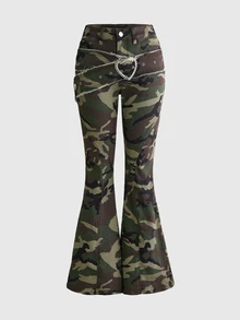 ROMWE Y2K復古迷彩愛心金屬扣毛邊腰帶細身女款牛仔喇叭褲 - 軍綠色 - 查看 1