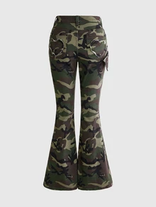 ROMWE Y2K復古迷彩愛心金屬扣毛邊腰帶細身女款牛仔喇叭褲 - 軍綠色 - 查看 2