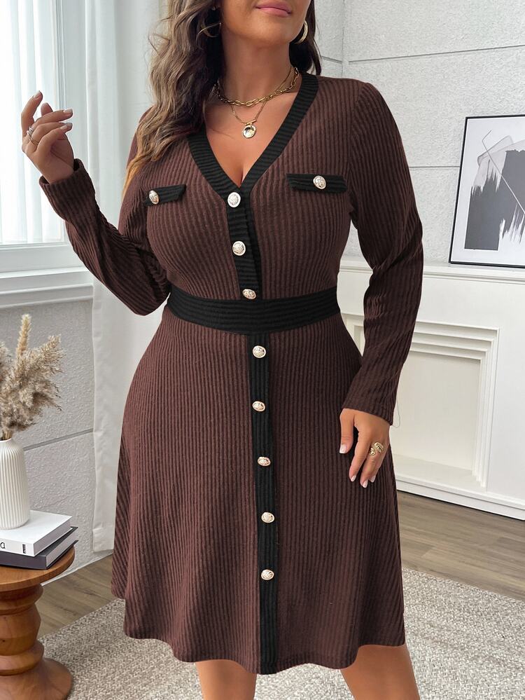 Vionelle Plus Size Women's French Style Casual Elegant Long Sleeve Dress, Autumn/Winter Button Dress Fall Dresses For Women Coffee Brown Dress Elegant Dress - Brown - View 4