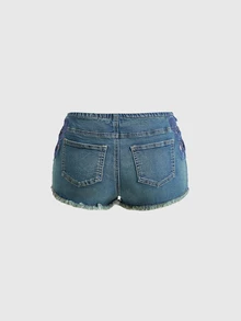 ROMWE Y2K Side Cutout Embroidered Butterfly Ultra Low Waist Women's Denim Shorts - Medium Wash - View 2