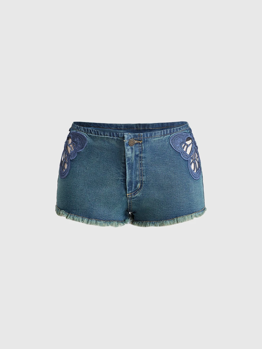ROMWE Y2K 側開衩刺繡蝴蝶超低腰女款牛仔短褲 - 中等水洗藍 - 查看 1