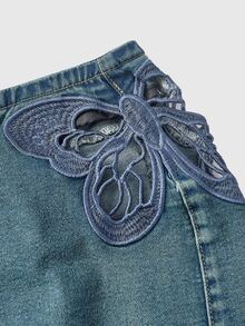 ROMWE Y2K Side Cutout Embroidered Butterfly Ultra Low Waist Women's Denim Shorts - Medium Wash - View 3